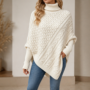 Dames Knusse Kabelgebreide Poncho Trui met Ruime Mouwen