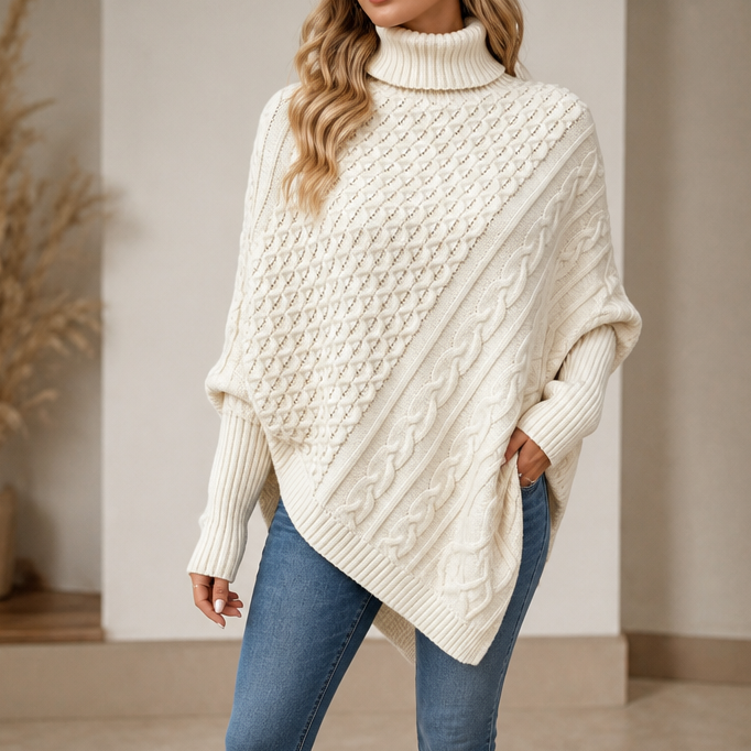 Dames Knusse Kabelgebreide Poncho Trui met Ruime Mouwen