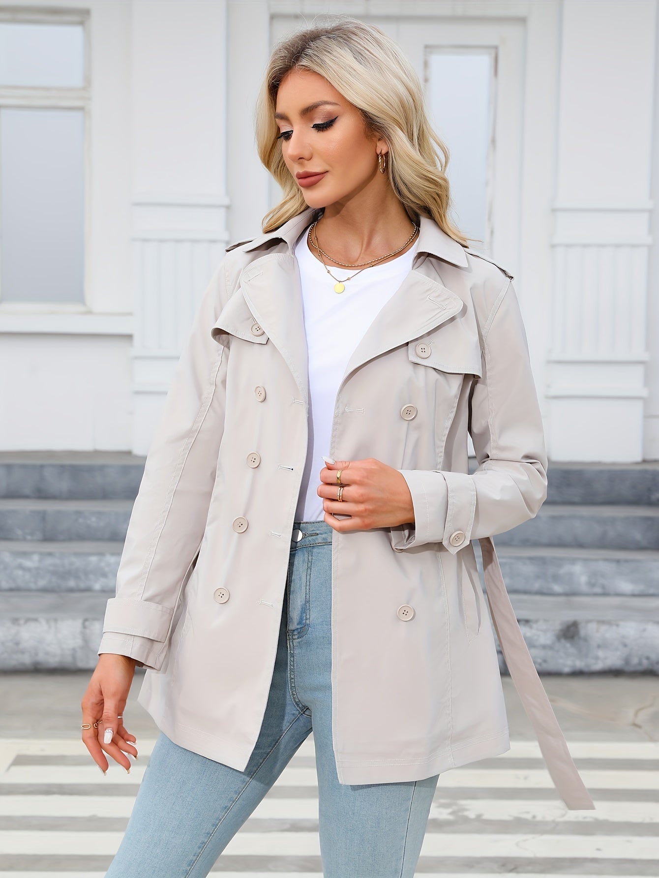 Witte Chic Mini Trenchcoat Dubbelrijig Met Ceintuur Voor Dames