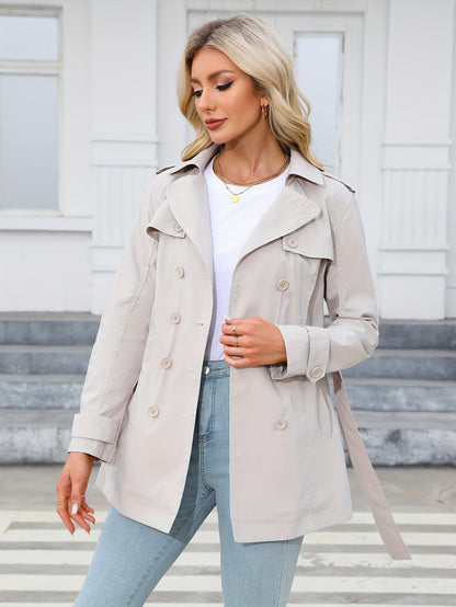 Witte Chic Mini Trenchcoat Dubbelrijig Met Ceintuur Voor Dames