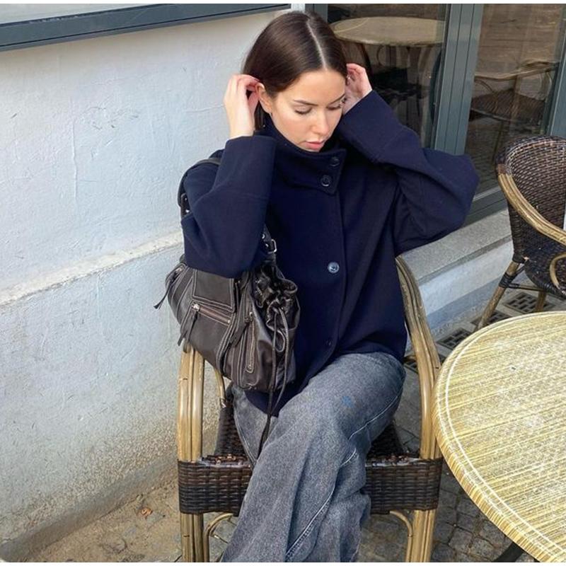 Double-Breasted Women's Peacoat in Wool Blend with Wide Sleeves