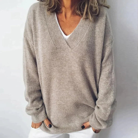 Beige Oversized V-Hals Trui voor Dames