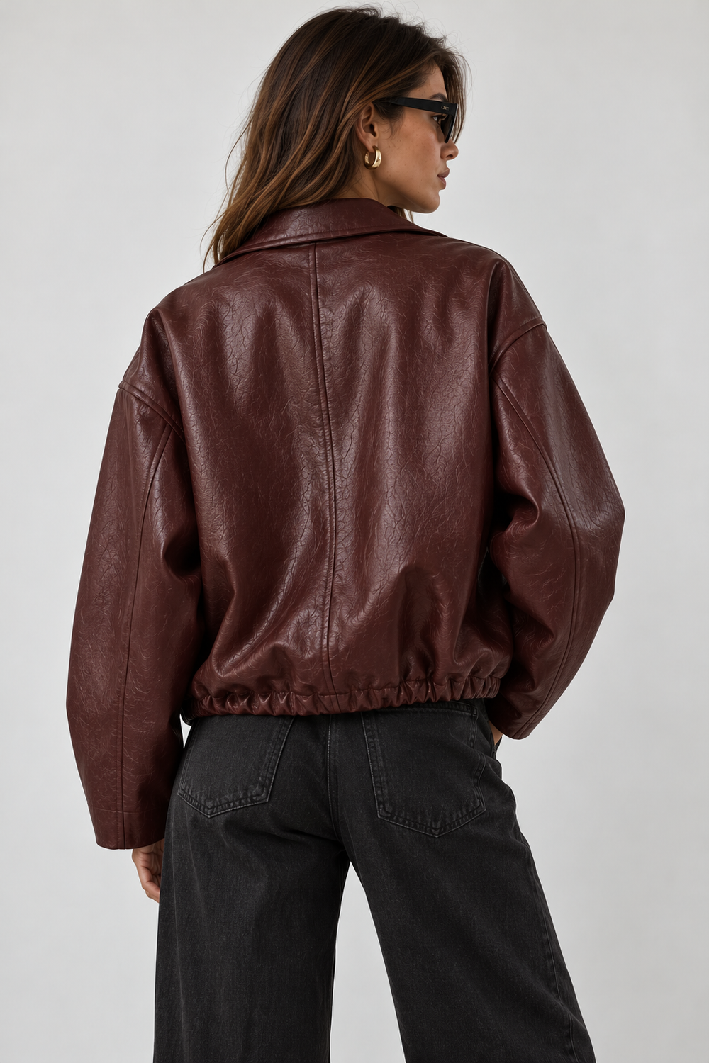 Leather Jacket for Women Short Brown with Zipper, Pockets, and Oversized Fit