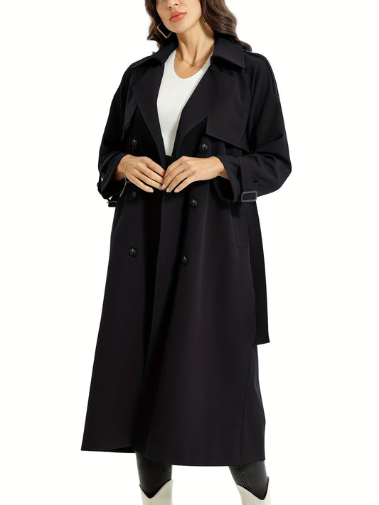 Elegante Maxi Trenchcoat Voor Dames Dubbelrijig Met Ceintuur