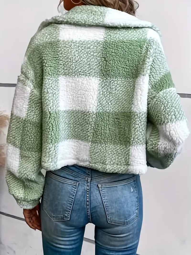 Korte Zachte Geruite Fleece Jas voor Dames