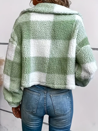 Korte Zachte Geruite Fleece Jas voor Dames