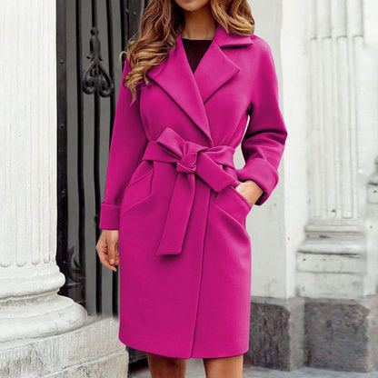 Elegante Midi Blazer Jas Voor Dames Met Strikceintuur En Reverskraag
