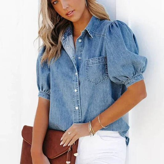 Evi - Denim overhemd korte mouwen