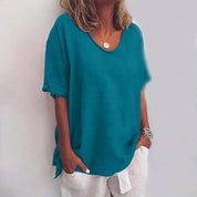 Comfortable Women's Shirt Top with Wide Neck and Short Sleeves