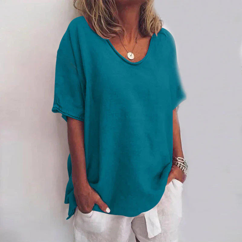 Comfortable Women's Shirt Top with Wide Neck and Short Sleeves