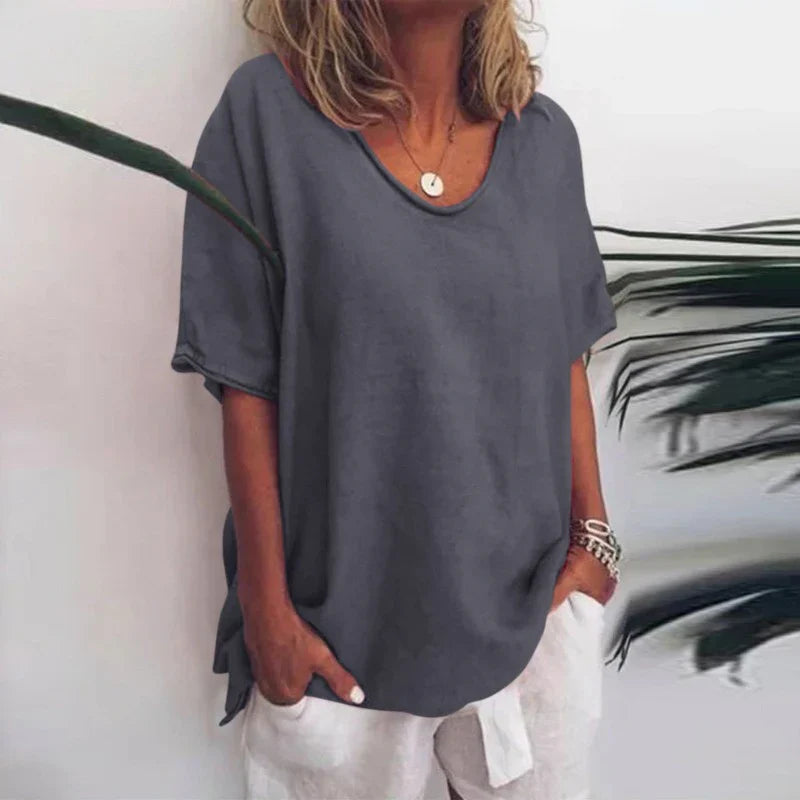 Comfortable Women's Shirt Top with Wide Neck and Short Sleeves