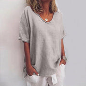 Comfortable Women's Shirt Top with Wide Neck and Short Sleeves