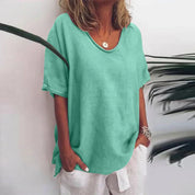 Comfortable Women's Shirt Top with Wide Neck and Short Sleeves