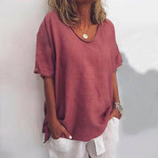 Comfortable Women's Shirt Top with Wide Neck and Short Sleeves