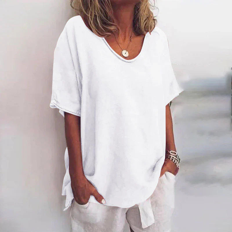 Comfortable Women's Shirt Top with Wide Neck and Short Sleeves