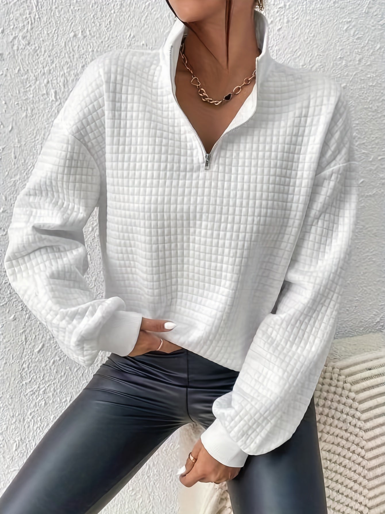 Dames Casual Sweater met Kwartrits en Wafelstructuur
