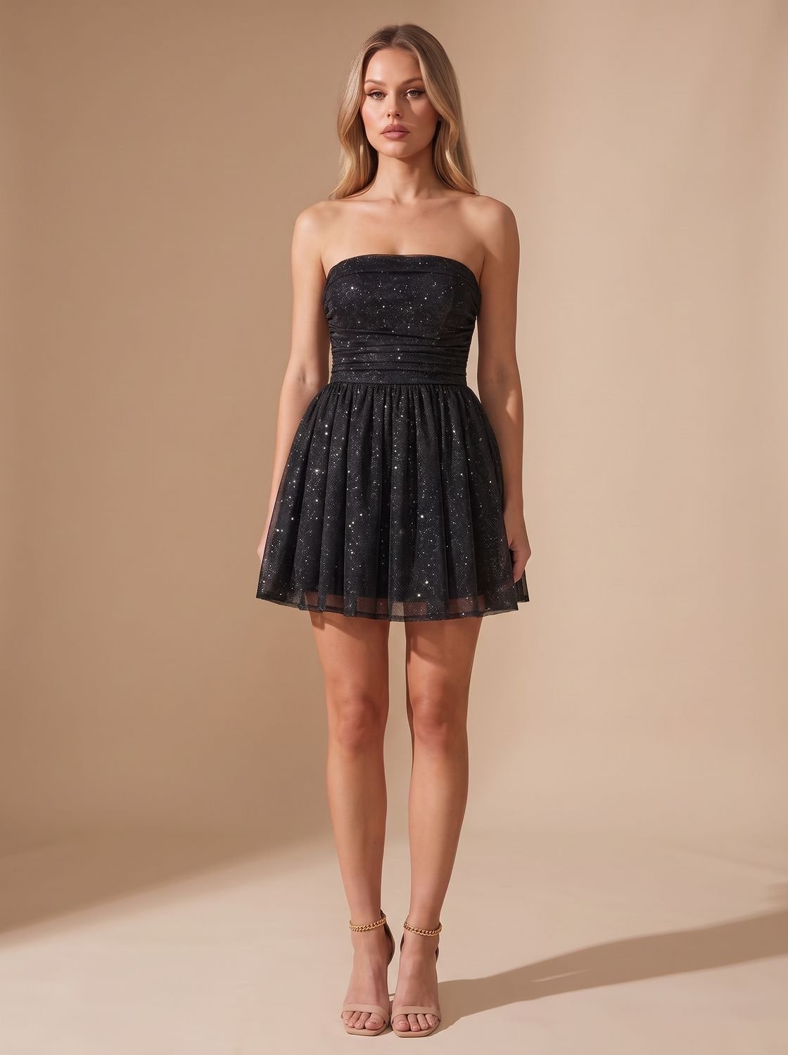 Dames Glamoureuze Glitter Mini Jurk met Strapless Top en Strik