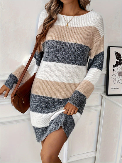 Trendy Gestreepte Mini Sweaterjurk Voor Dames