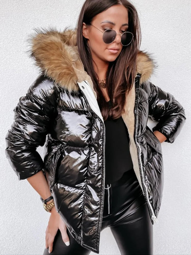 Metallic Women's Puffer Jacket with Faux Fur Collar and Hood