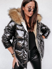 Metallic Women's Puffer Jacket with Faux Fur Collar and Hood