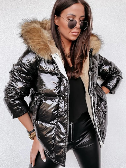 Metallic Dames Pufferjas Met Bontkraag Capuchon