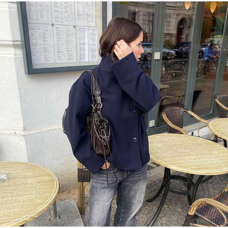 Double-Breasted Women's Peacoat in Wool Blend with Wide Sleeves
