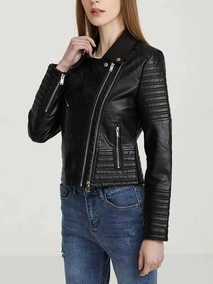 Zwarte Leren Dames Jas Met Ritszakken