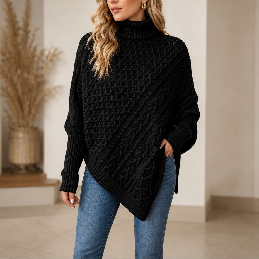 Dames Knusse Kabelgebreide Poncho Trui met Ruime Mouwen