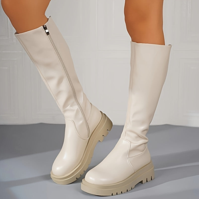 Bottes blanches montantes pour femmes avec fermeture éclair et semelle antidérapante