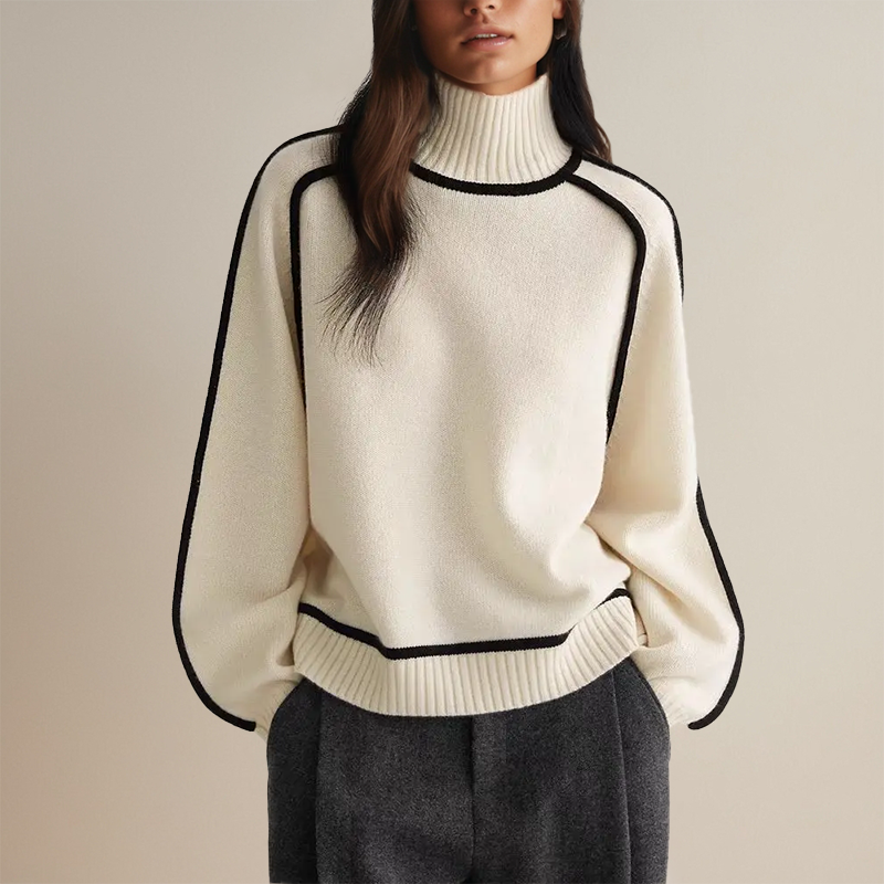 Warm Knitted Turtleneck for Women with Stripe Detail