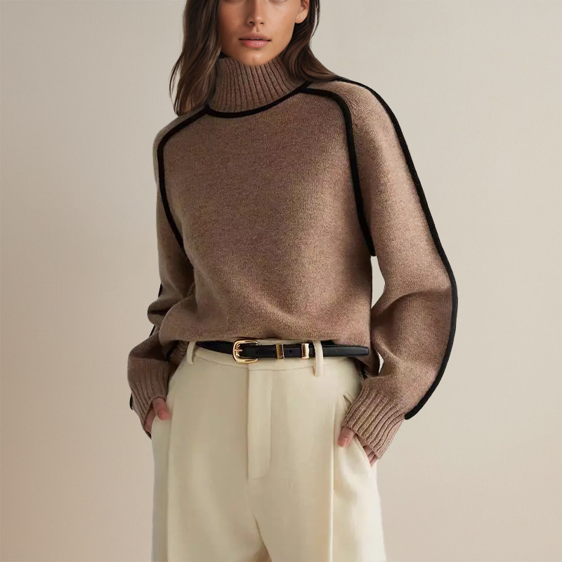Warm Knitted Turtleneck for Women with Stripe Detail