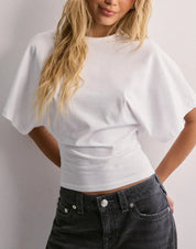 Casual Women's Top with Short Wide Sleeves and Round Neck