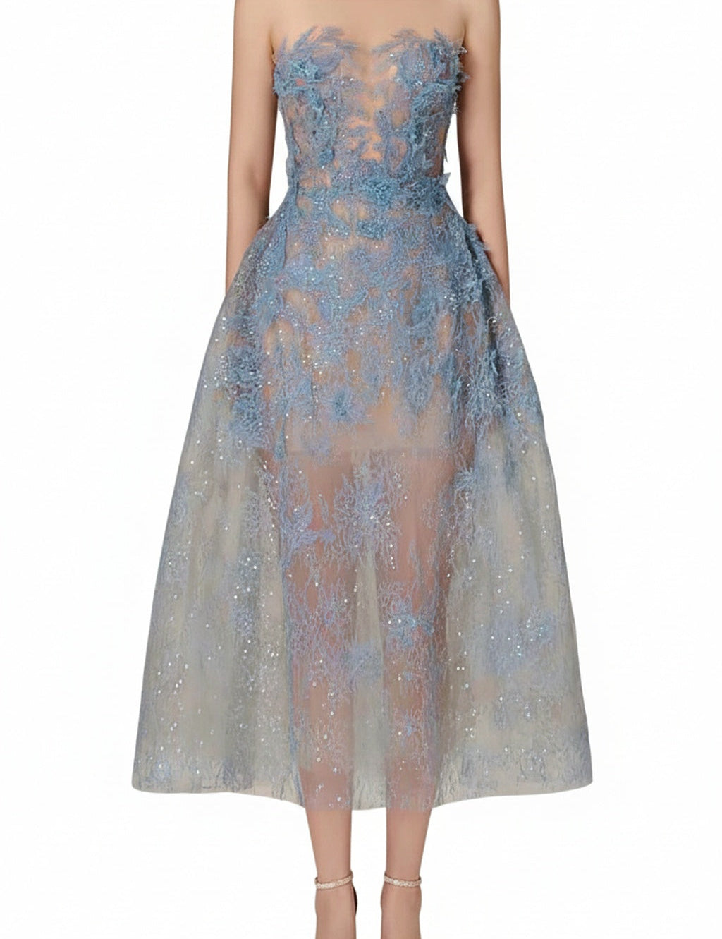 Dames Avondjurk Mouwloos met Bloemborduursel en Glitter Midi