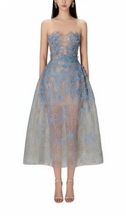 Dames Avondjurk Mouwloos met Bloemborduursel en Glitter Midi