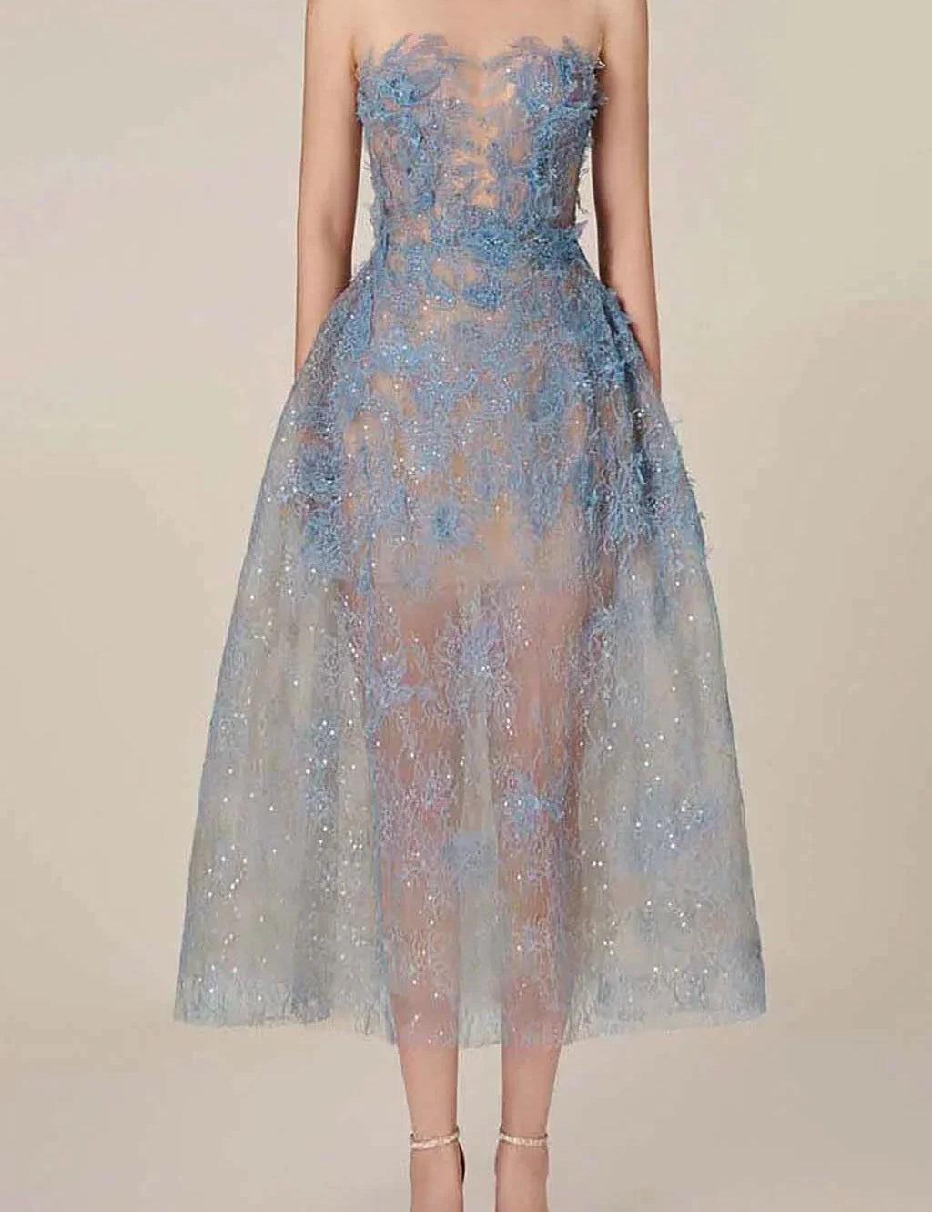 Dames Avondjurk Mouwloos met Bloemborduursel en Glitter Midi Blauw