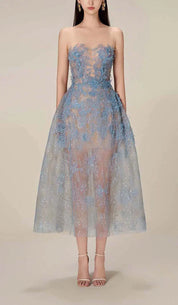 Dames Avondjurk Mouwloos met Bloemborduursel en Glitter Midi Blauw