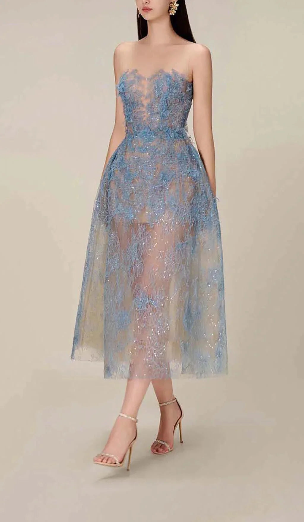 Dames Avondjurk Mouwloos met Bloemborduursel en Glitter Midi