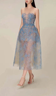 Dames Avondjurk Mouwloos met Bloemborduursel en Glitter Midi