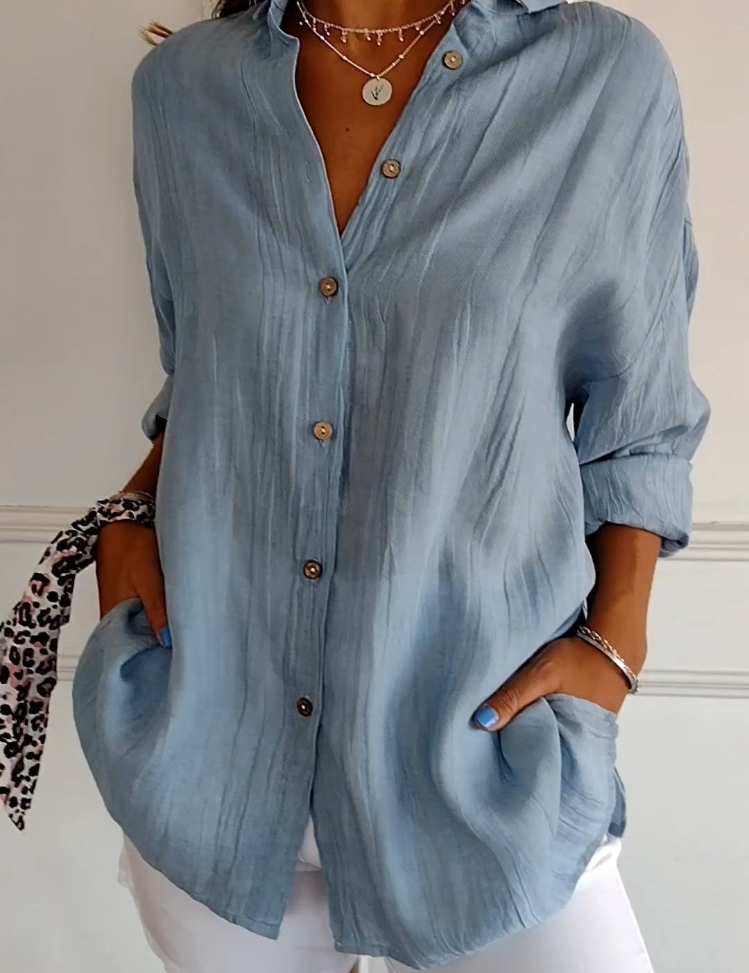 Dames Blouse Lange Mouw met V-hals en Knoopsluiting Oversized Blauw