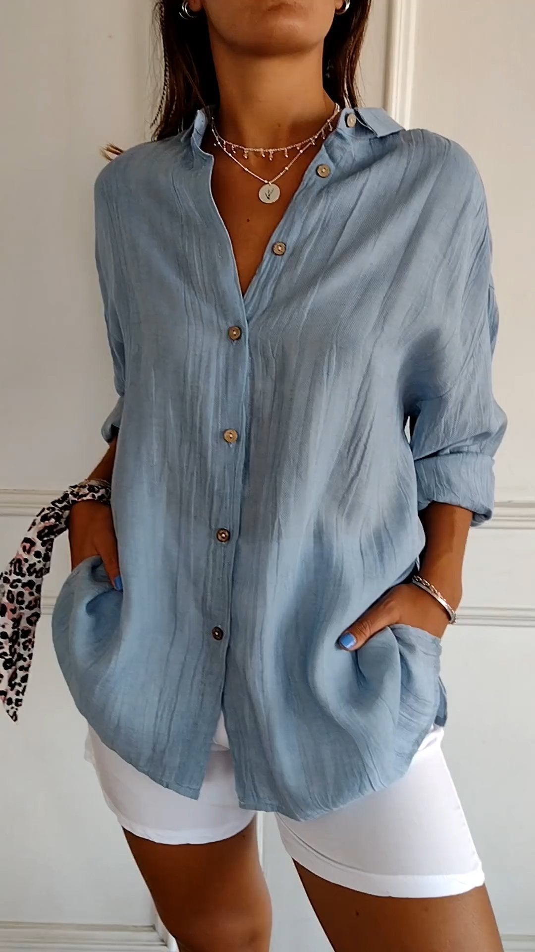 Dames Blouse Lange Mouw met V-hals en Knoopsluiting Oversized Blauw