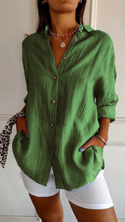 Dames Blouse Lange Mouw met V-hals en Knoopsluiting Oversized Groen