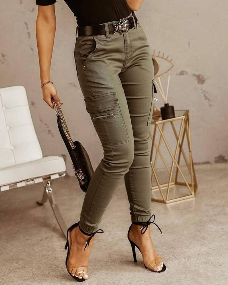 Jogging Skinny Taille Haute avec Poches Cargo pour Femme