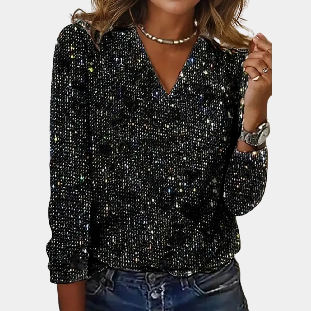 Dames Glamoureuze Glittertop met V-hals en Lange Mouwen