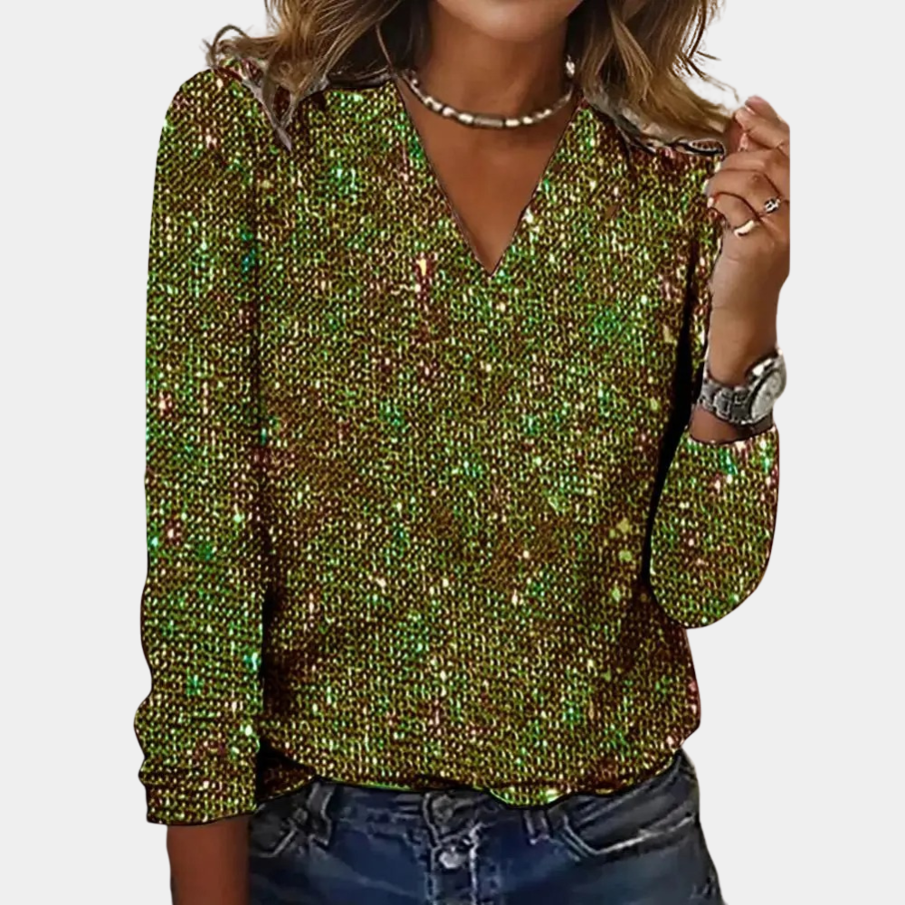Dames Glamoureuze Glittertop met V-hals en Lange Mouwen