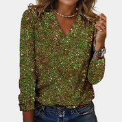 Dames Glamoureuze Glittertop met V-hals en Lange Mouwen