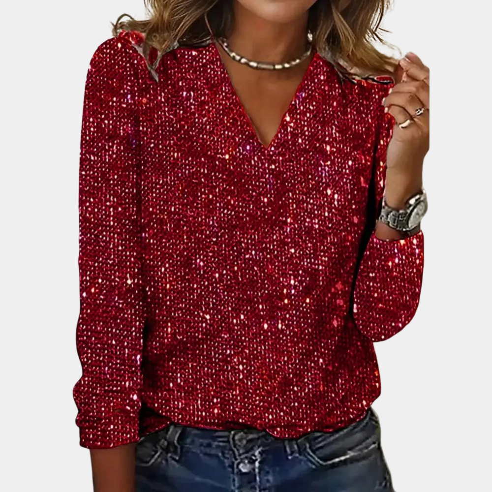 Dames Glamoureuze Glittertop met V-hals en Lange Mouwen