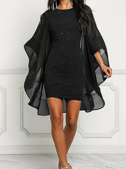 Mini Glitter Feestjurk Met Wijdvallende Mesh Mouwen En Getailleerde Pasvorm