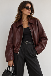 Leather Jacket for Women Short Brown with Zipper, Pockets, and Oversized Fit