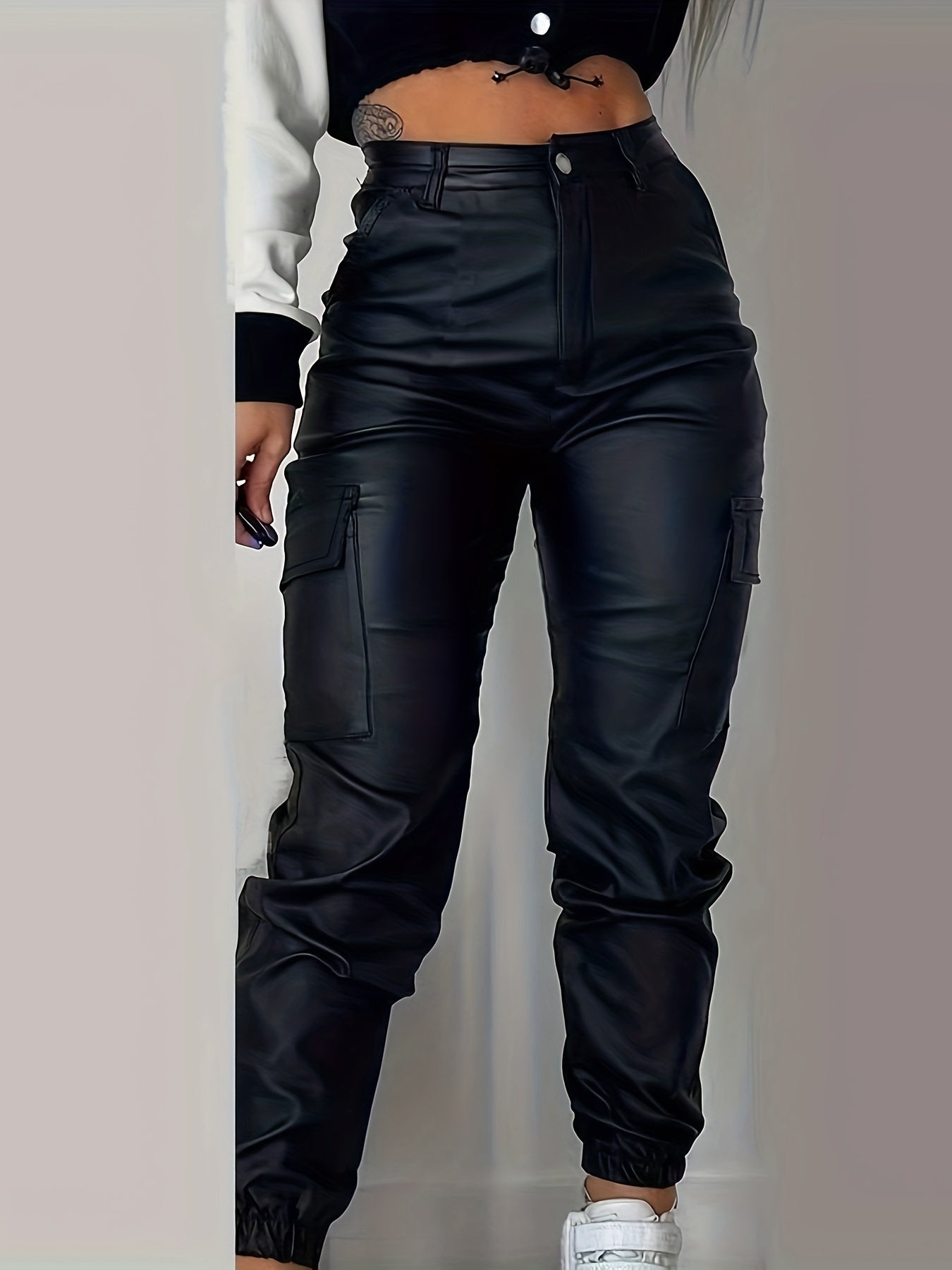 Trendy Hoge Taille Cargo Broek Voor Vrouwen Met Leerlook En Elastische Band