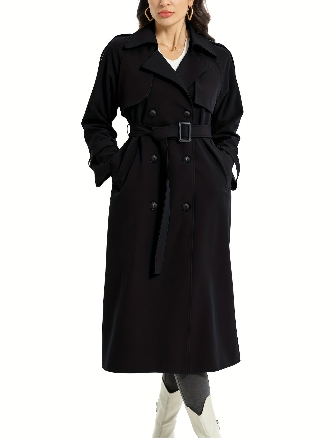 Elegante Maxi Trenchcoat Voor Dames Dubbelrijig Met Ceintuur